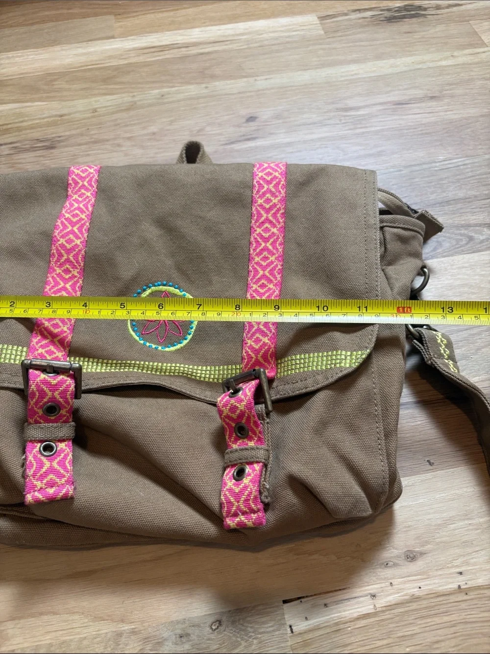 American Girl Brown Canvas Crossbody with Pink Patterned Straps